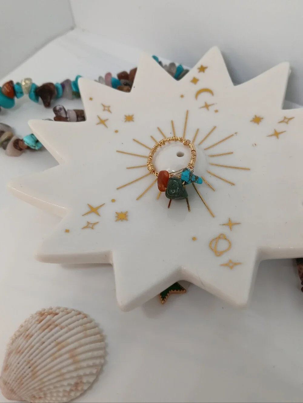 Beautiful Gold Wire Wrapped Stackable Ring with Turquoise, Green & Coral Chips